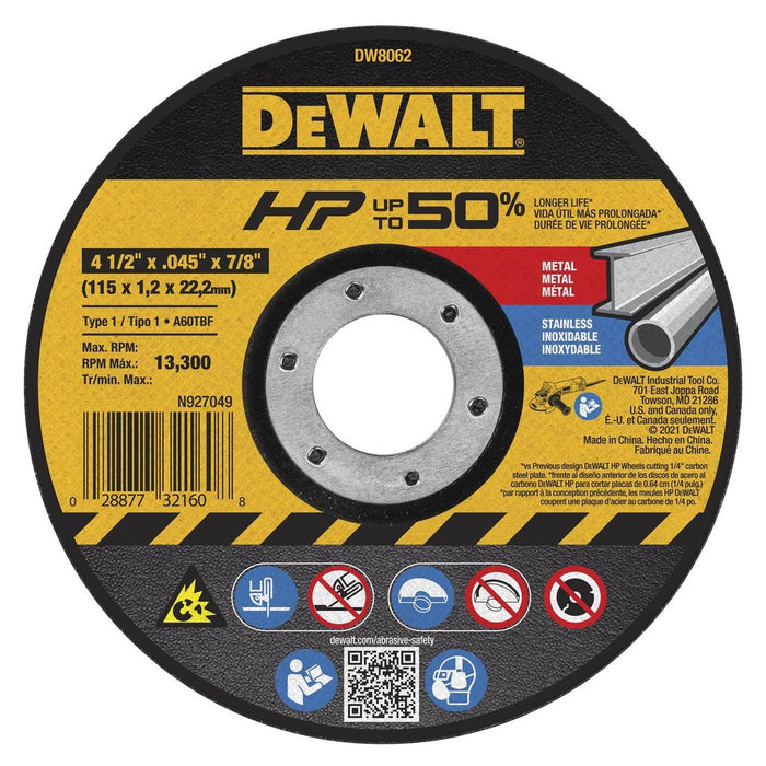 DW8062Z DeWalt Metal Cut Off Wheel, Type 1, 4-1/2" x .045" x 7/8"