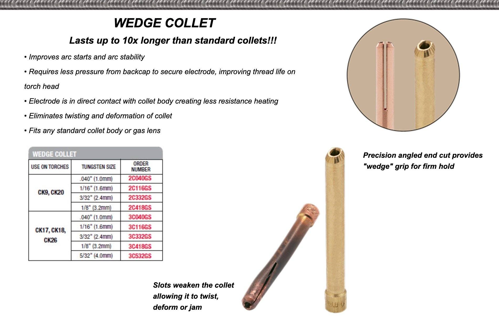 Wedge collet for 17/18/26 & 3-series TIG Torches (standard NOT stubby) - 5pk