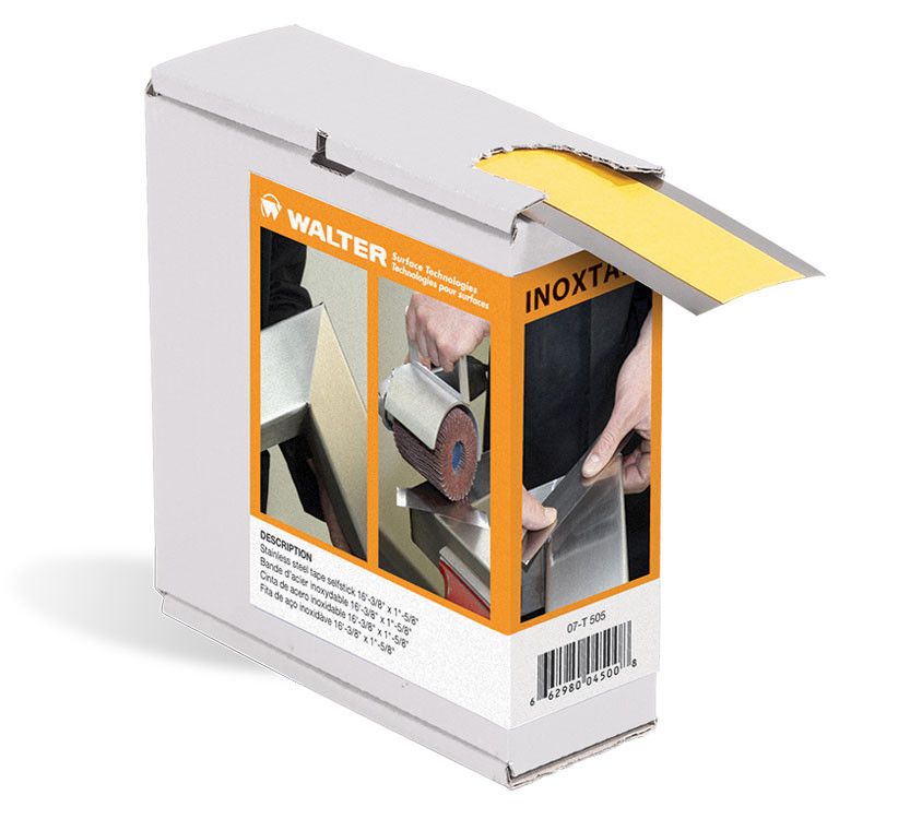 Walter 07T100 Inoxta stainless steel selfstick tape 16 ft x 1-5/8" x .005", dispenser box shown, tape