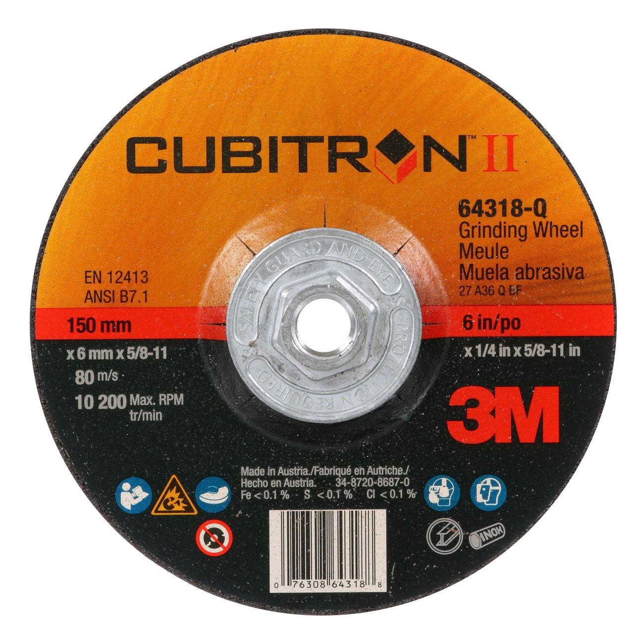 7100103318 3M™ Cubitron™ II Wheel, Depressed Center, Right Angle, 6 Inch Dia