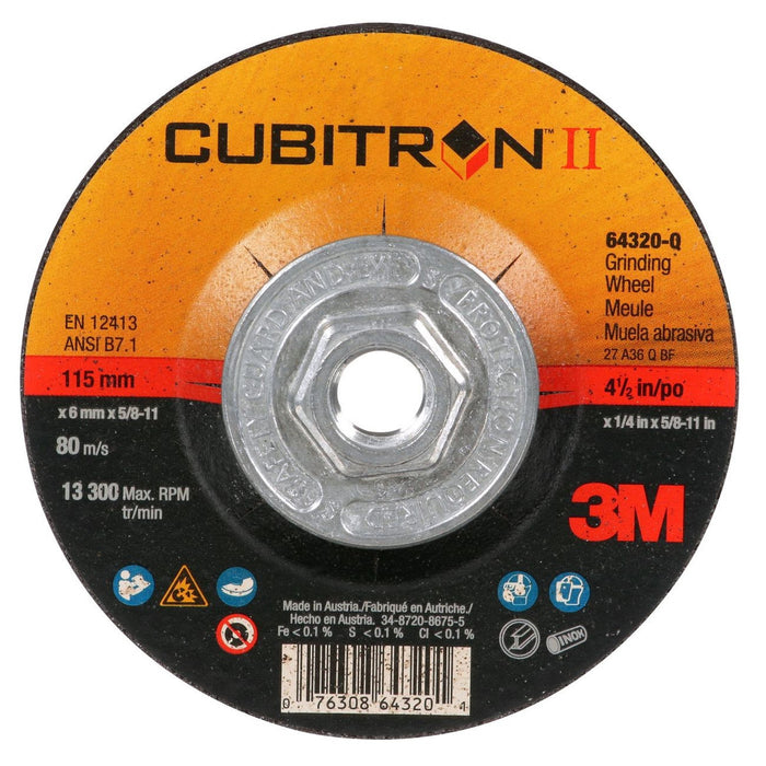 3M™ Cubitron™ II Wheel, Depressed Center, Right Angle, 36 Grit 4 1/2" x 5/8"-11 10 Pack 7100103334