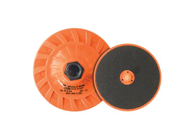 Walter 07Q042 Quick-Step backing pad 4" M14 thread, orange ribbed back, black hook-and-loop face, 11000 RPM, backing pad