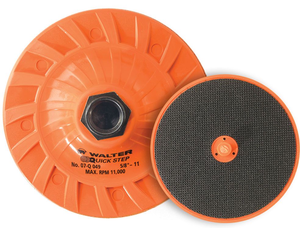Walter 07Q062 Quick-Step backing pad 6" M14 x 2.0 thread, orange ribbed body, black hook-and-loop face, backing pad