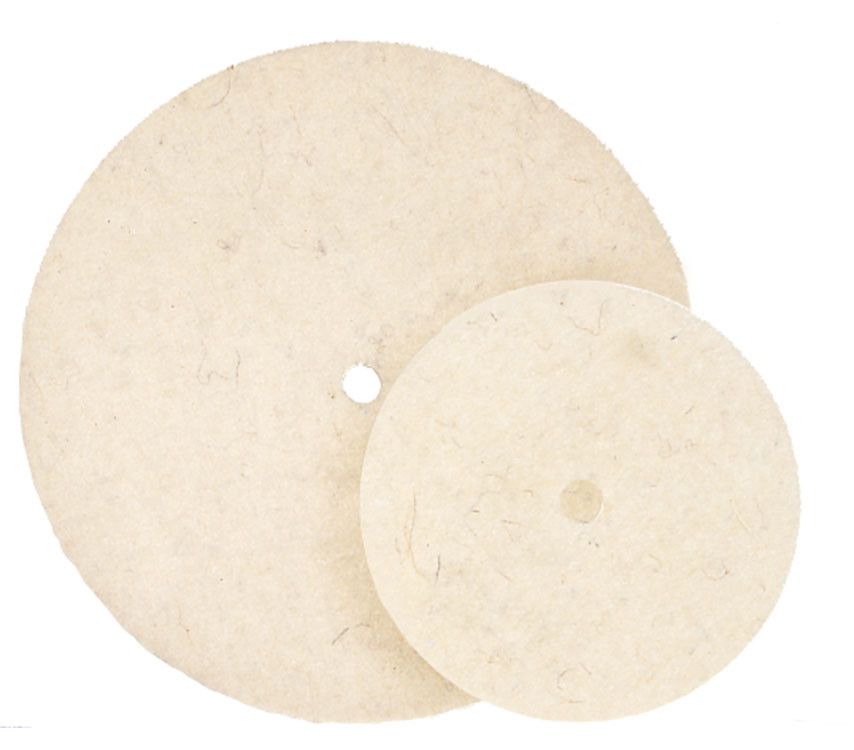 Walter 07T600 Quick-Step polishing felt disc 6", two natural wool felt discs with arbor holes shown, felt disc