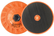 Walter 07Q149 Quick-Step MG pad 4.5" 5/8"-11, orange ribbed body, black crosshatch hook face, 11000 RPM, mounting pad