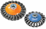 Walter 13H604 6" x .020" x 5/8"-11 knot-twisted saucer cup brush, 6" flat disc orange and blue brushes, saucer cup brush