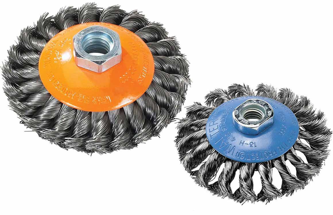 Walter 13H504 5" x .020" x 5/8"-11 knot-twisted saucer cup brush, 5" flat disc with twisted wire flare, saucer cup brush