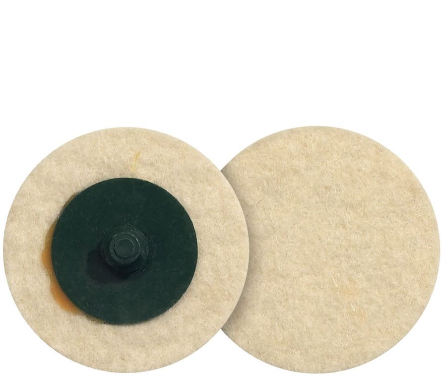 Walter 04T304 3in Twist Felt Disc, cream wool felt surface, green plastic mandrel, front and back view shown, polishing disc
