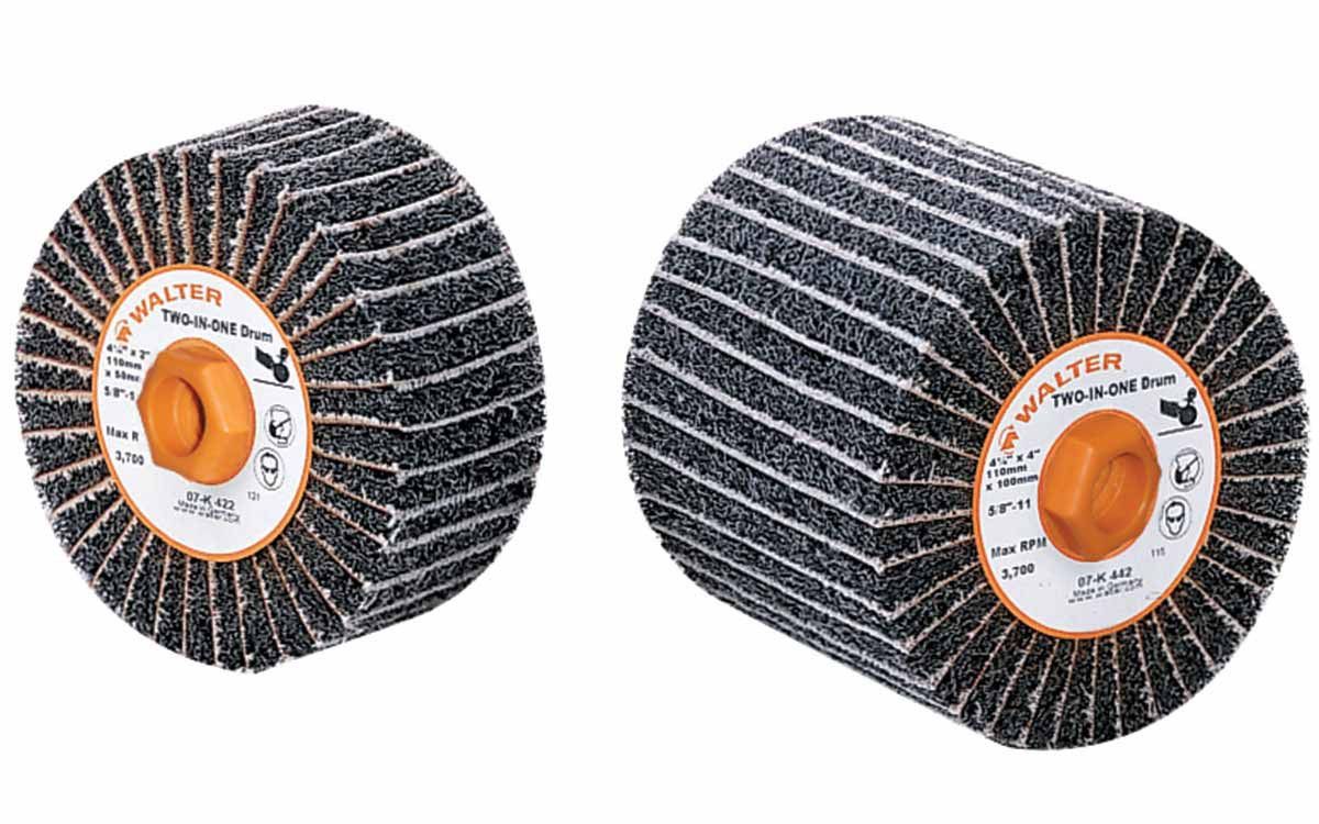 Walter 07K422 Two-In-One finishing drum 4.5" x 2" 80 grit, black flap abrasive, orange hub, max 3700 RPM, abrasive drum