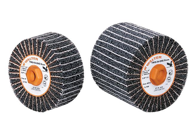 Walter 07K322 Two-In-One finishing drum 4-1/4" x 2" 80 grit, black flap abrasive, orange hub, abrasive drum