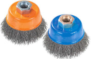 Walter 13D300 3" x M10x1.25 crimped wire cup brush, orange and blue steel cups on white background, wire cup brush