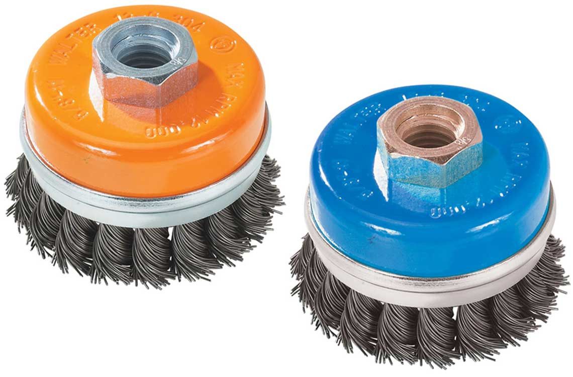 Walter 13G302 3" x .020" x M14x2.0 knot-twisted cup brush with ring, orange and blue cups with retaining ring, wire cup brush