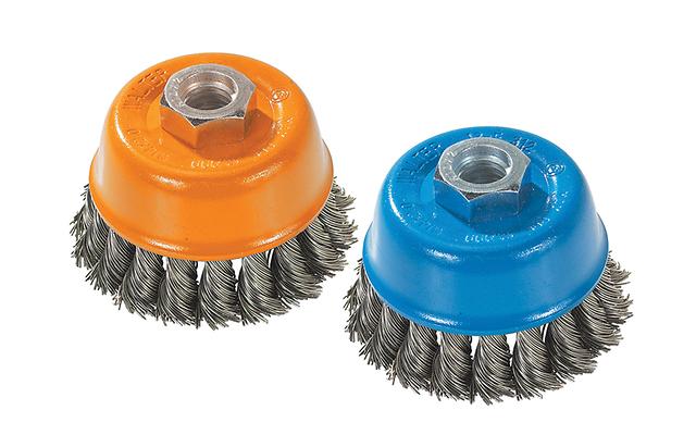 Walter 13F314 3" x .015" x 5/8"-11 stainless knot-twisted cup brush, orange and blue cups, 5/8"-11 arbor, wire cup brush