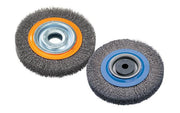Walter 13B082 8-inch x 1/2-inch bench wheel brush with crimped steel wires, orange and blue flanged hubs shown