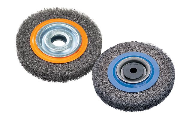 Walter 13B082 8-inch x 1/2-inch bench wheel brush with crimped steel wires, orange and blue flanged hubs shown