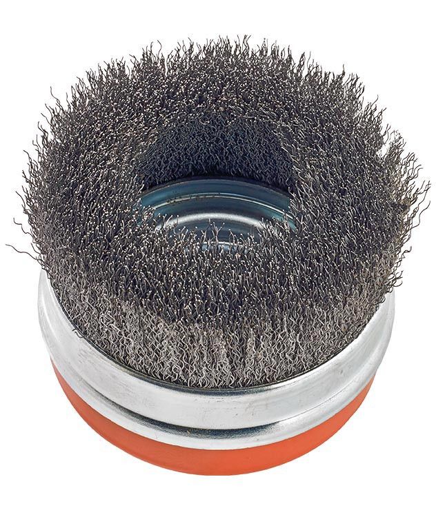 Walter 13D324 3" crimped cup brush with ring, close-up of dense crimped wire and steel retaining band, wire cup brush