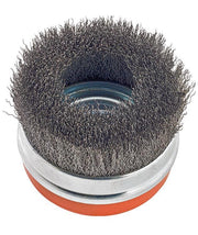 Walter 13D524 5" crimped cup brush with ring, close-up of crimped steel wire and metal retention ring, wire cup brush