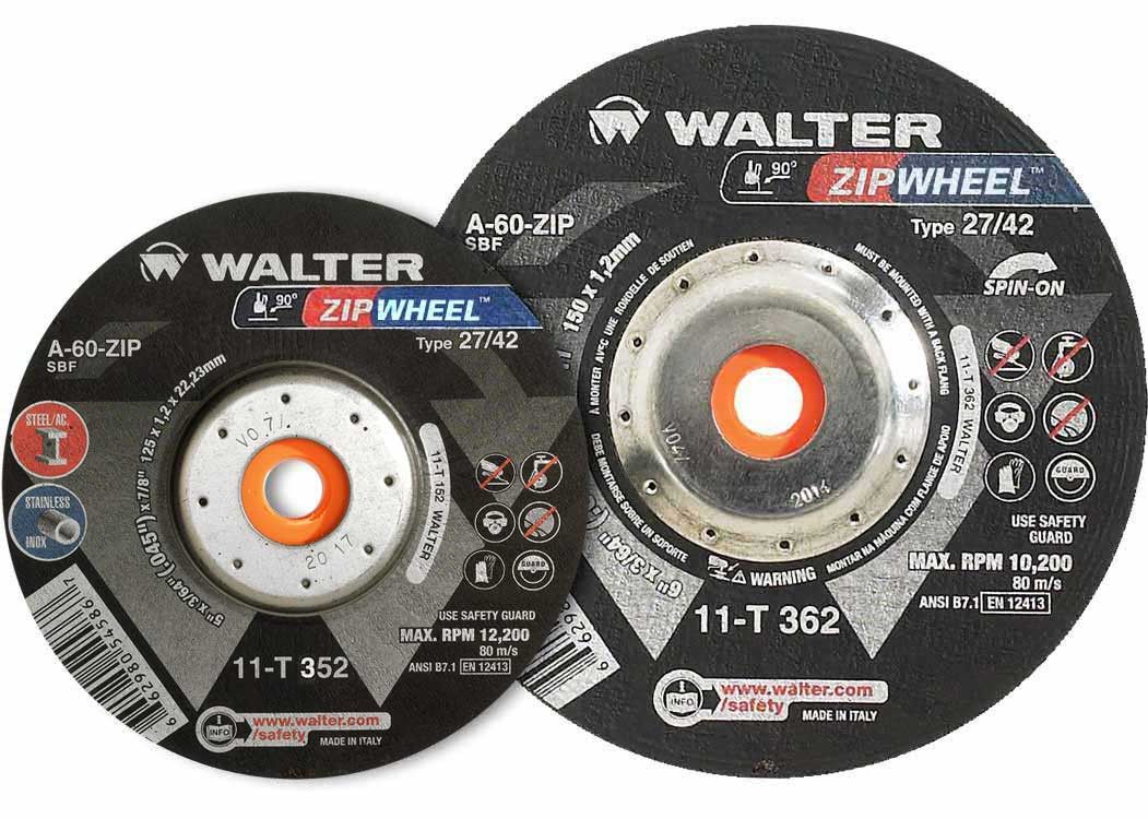 Walter 11T352 Zip Spin-On cut-off wheel 5" x 3/64", Type 27/42, A-60-ZIP SBF, max 12,200 RPM, 5/8-11 arbor, cut-off wheel
