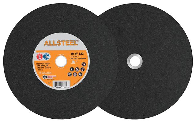 Walter 10W123 12x7/64x1-inch ALLSTEEL chop saw wheel, black abrasive disc with orange ALLSTEEL label, chop saw wheel