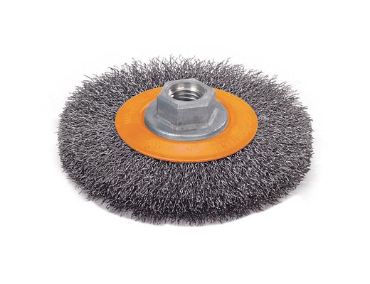 Walter 13J454 4.5" x 5/8" crimped steel wire wheel brush, flat orange disc hub with dense crimped wire fill, wire wheel brush