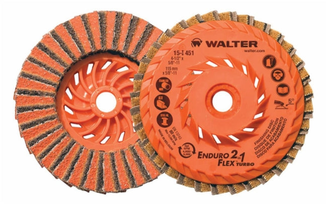 Walter 15I501 5-inch Enduro-Flex 2-in-1 Turbo spin-on orange flap disc, front and back views shown, flap disc