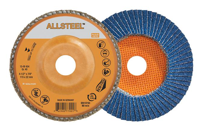 Walter 15W604 ALLSTEEL 6" x 7/8" 40 grit orange and blue zirconia flap disc made in Germany
