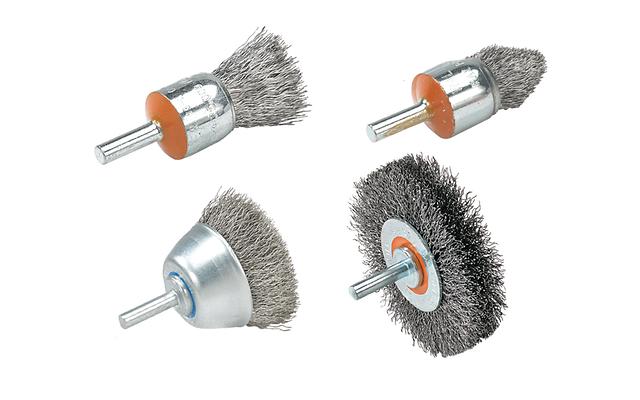Walter 13C178 4-inch x 1/4-inch x .0118-inch mounted stainless wire wheel brush, four-view showing brush shape variants