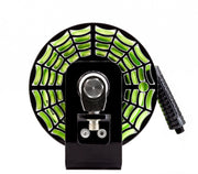 BadAssReels Mini Black Widow spider-design propane hose reel with green coiled hose, hose reel