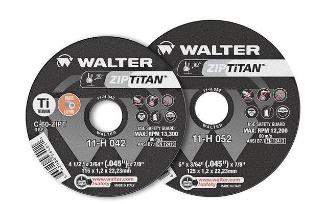 Walter 11H052 Zip Titan 5x3/64x7/8in cut-off wheel pair, titanium C-60 grade, max RPM 12200 for brass